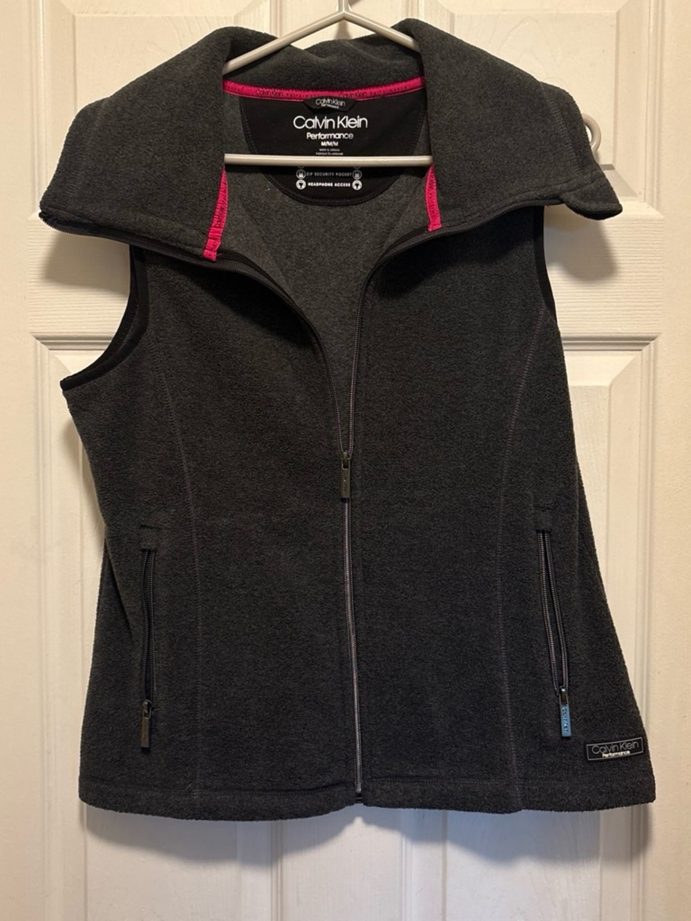 Calvin Klein Performance Charcoal Fleece Vest with Pink Trim
